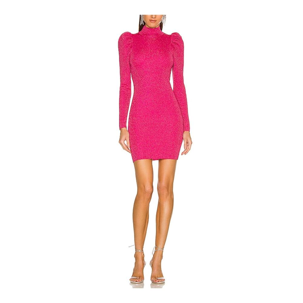 Alice And Olivia Shimmering Wild Pink Metallic Issa Turtleneck Puff Sleeve